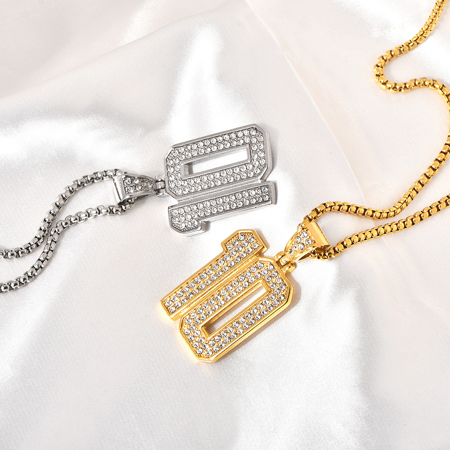 欧美跨境新款热销嘻哈hiphop饰品不锈钢镀金镶钻10号数字项链