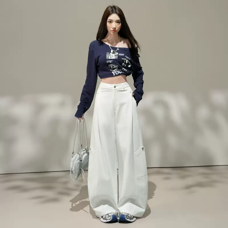 2026春季新款复古老钱风工装休闲裤女宽松直筒高腰显瘦阔腿弯刀裤