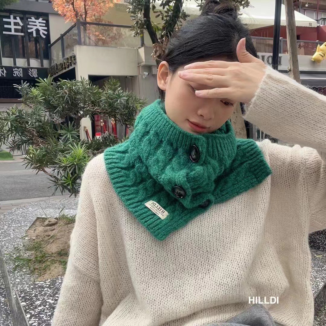 纽扣麻花围巾女秋冬韩版百搭加厚保暖高领套头针织围脖假领子脖套