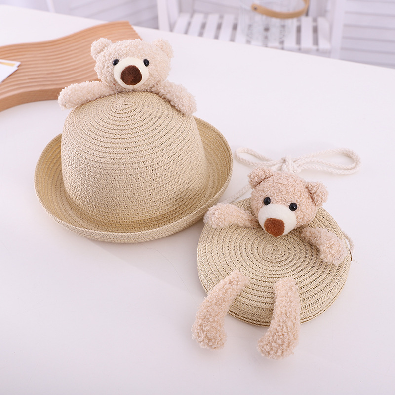 Spring and Summer New Children's Bags Straw Hat Set Dome Small Flip Hat Clothes Accessories Sun-Proof Breathable Straw Woven round Bag