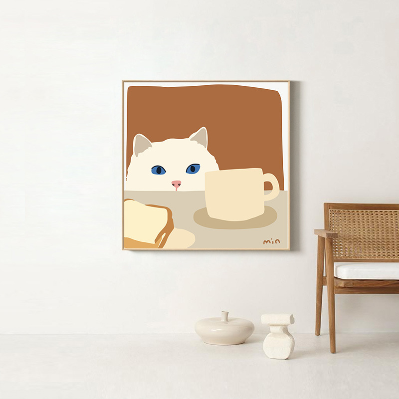 简约北欧韩国插画偷喝牛奶的猫咪波普风客厅海报壁画装饰画图片
