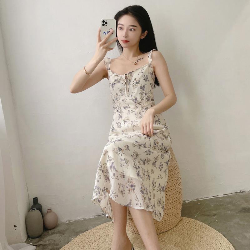 碎花雪纺连衣裙女夏季2022高级感绝美长裙收腰吊带裙zb-阿里巴巴