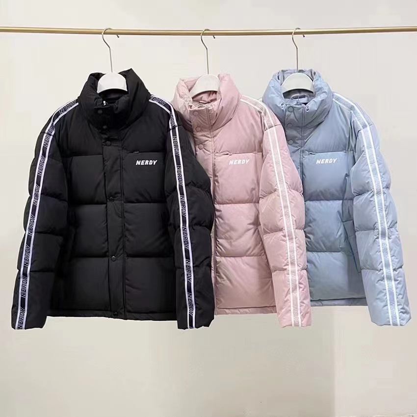 潮牌nerdy现货韩版羽绒服肩袖字母拉条情侣款糖果色白鸭绒外套