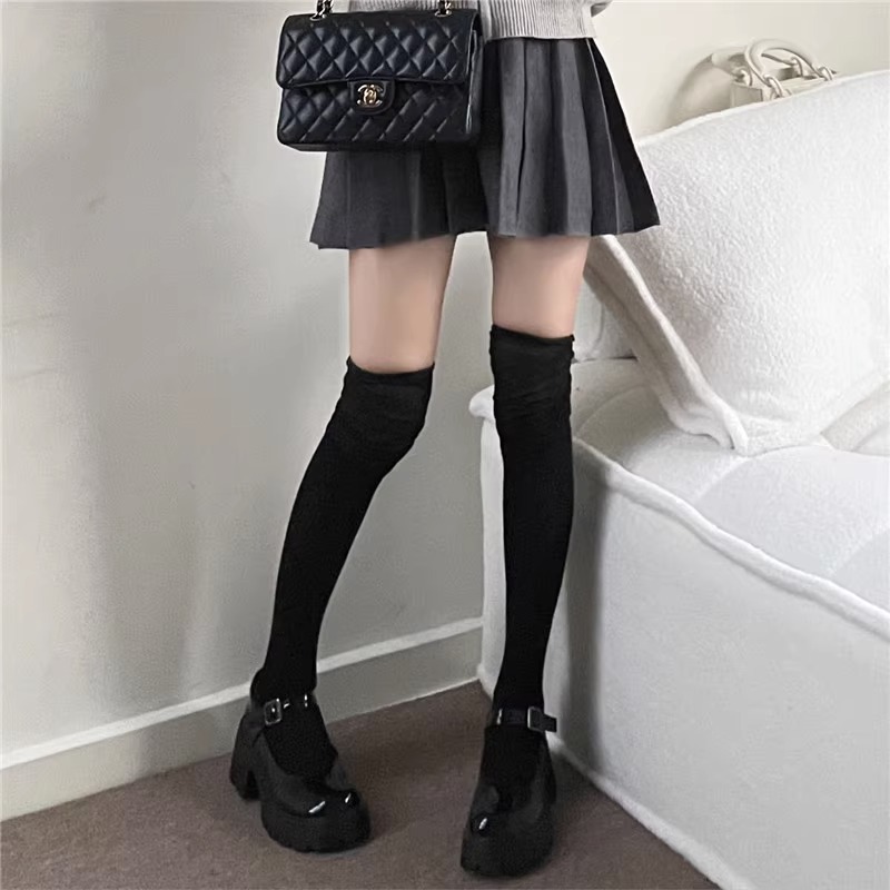 Pleated Bandage Dress Stockings Thin Solid Color Pure Desire Sweet Stitching over the Knee High Tube Hold-Ups Women's Slimming Bunching Socks