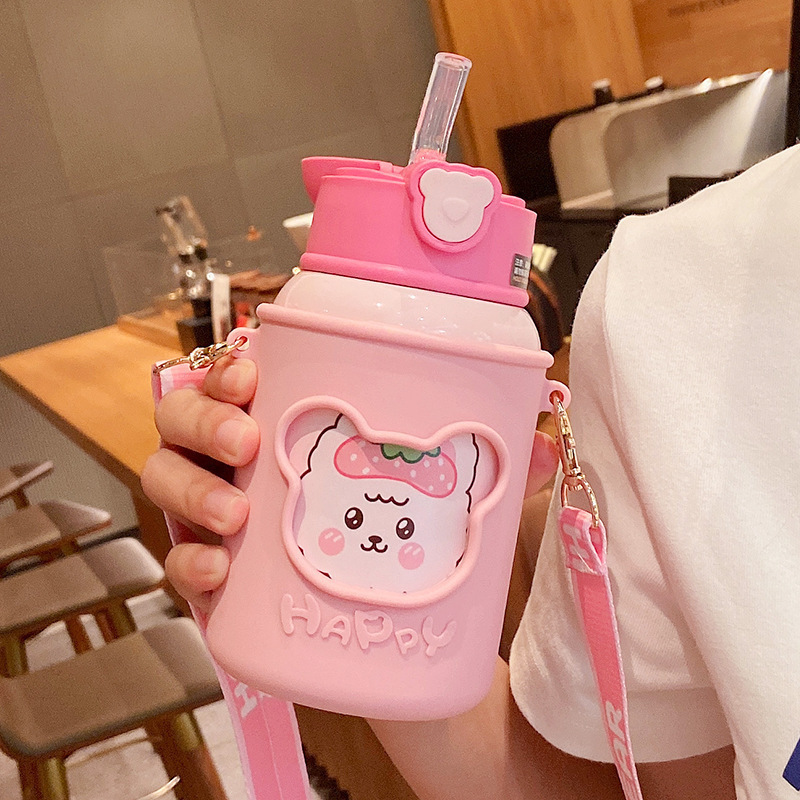 Silicone Case Crossbody Water Cup with Straw Children's Kettle