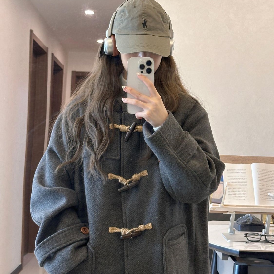 质感牛角扣呢子大衣女2025秋冬新款韩系学生连帽夹棉毛呢外套