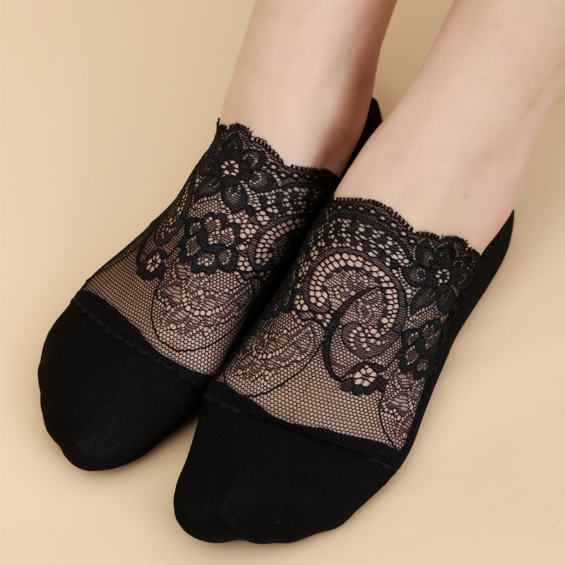 Cross-Border Hot Selling Women's Socks New Lace Boat Socks Pearl Socks Women's Deep Mouth Invisible Socks Cotton Socks Thin Tight Boat Socks