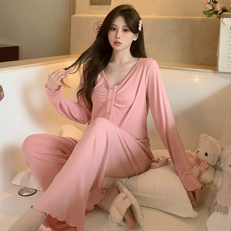 2023 Spring and Autumn New Modal Cotton Pajamas Women's Long-Sleeved Trousers Cardigan Simple Casual Homewear Can Be Worn outside