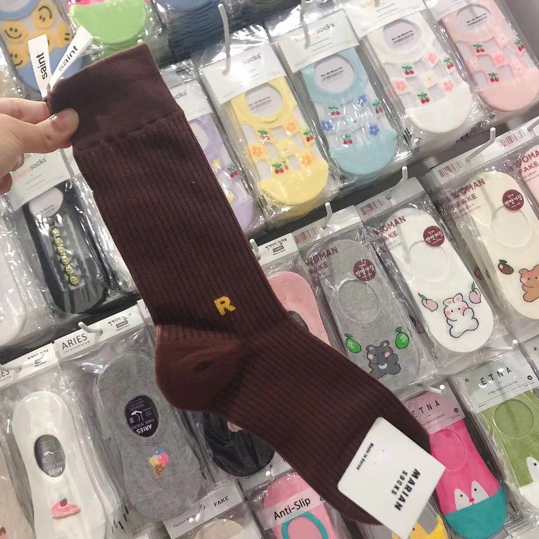 Korean-Made Socks Dongdaemun Fluorescent Candy Color Vertical Fine Lines R Lettered Casual Cotton Socks Marian Bunching Socks Women