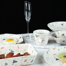 华孚创意水磨石纹家用陶瓷餐具套装 焗饭盘带手柄碗烘焙烤盘