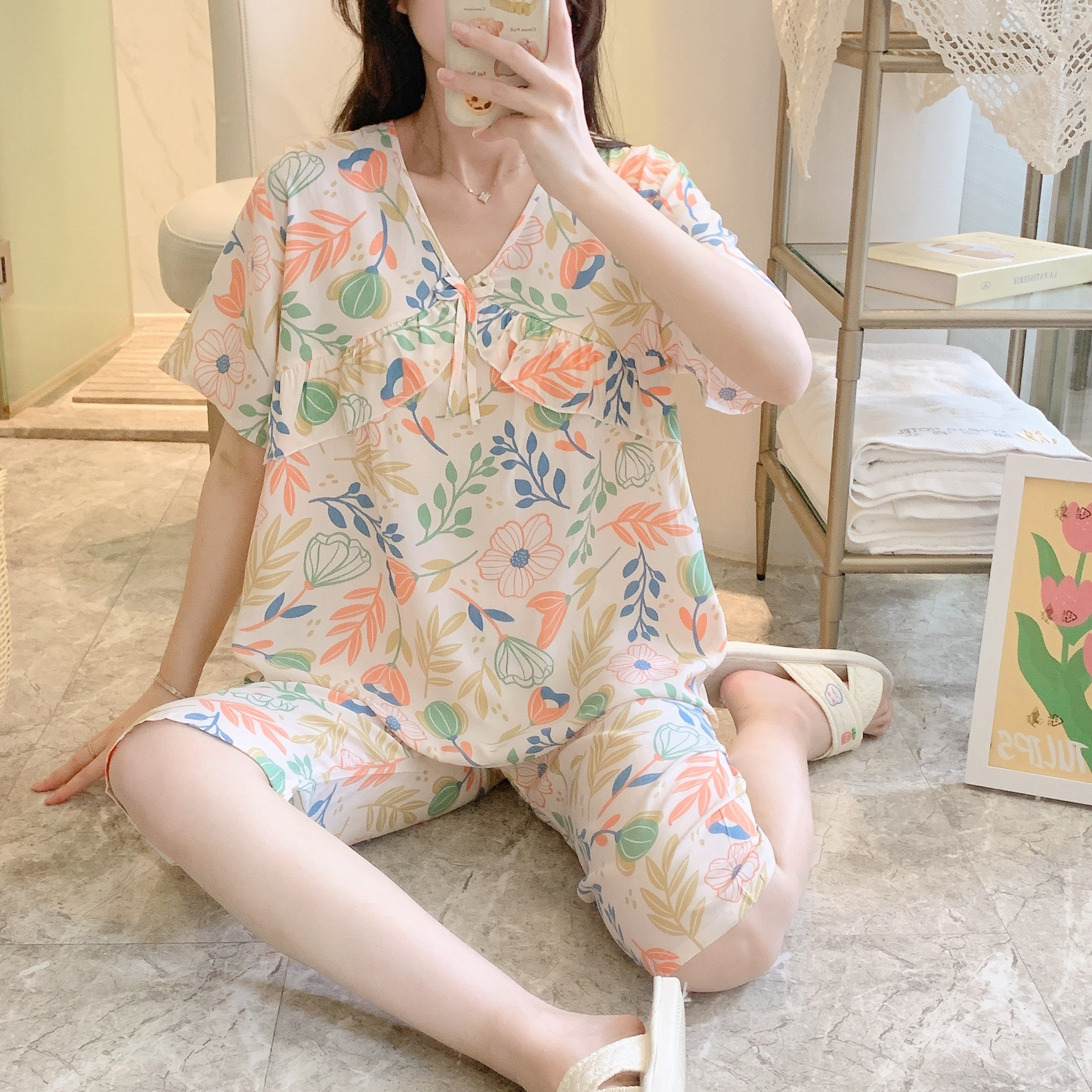 棉绸开衫碎花睡衣薄款大码女士家居服套装春季三分袖短裤两件套