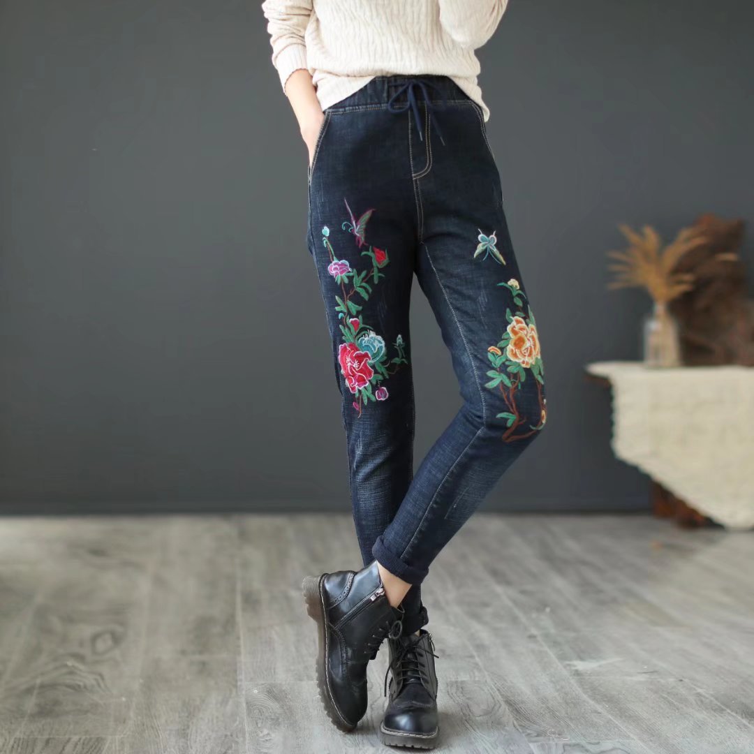 牡丹刺绣牛仔裤