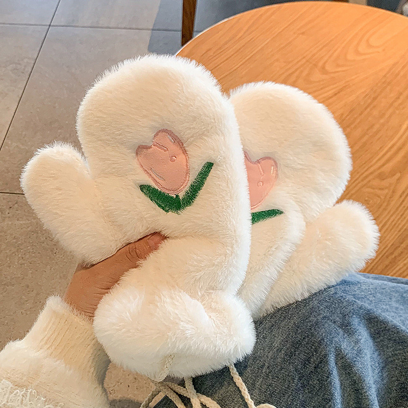 Cute Winter Gloves Cartoon Thermal Plush Riding Thickened Bear Student Cold-Proof Tulip Halter Gloves for Women