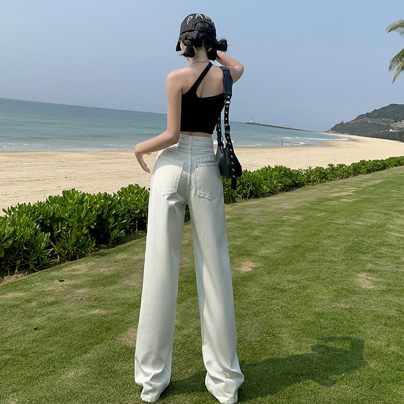 Jeans for Women Early Autumn Summer Cropped Style in White Wide Leg Cool Horn High Waist Drooping All-Match Figure Flattering Straight-Leg Pants