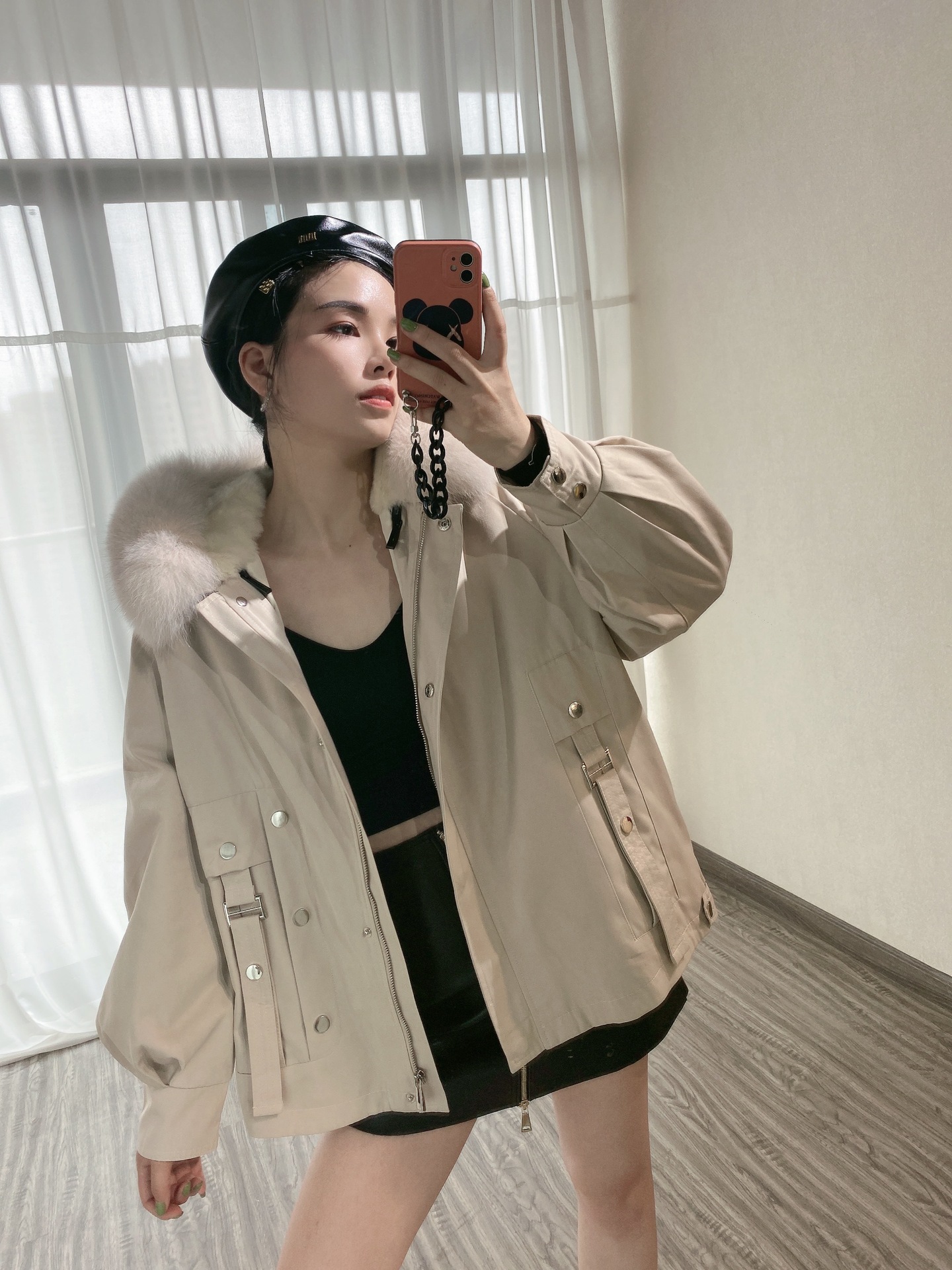 秋冬拉链轻薄民族风气质通勤外贸盘扣韩版毛领派克服