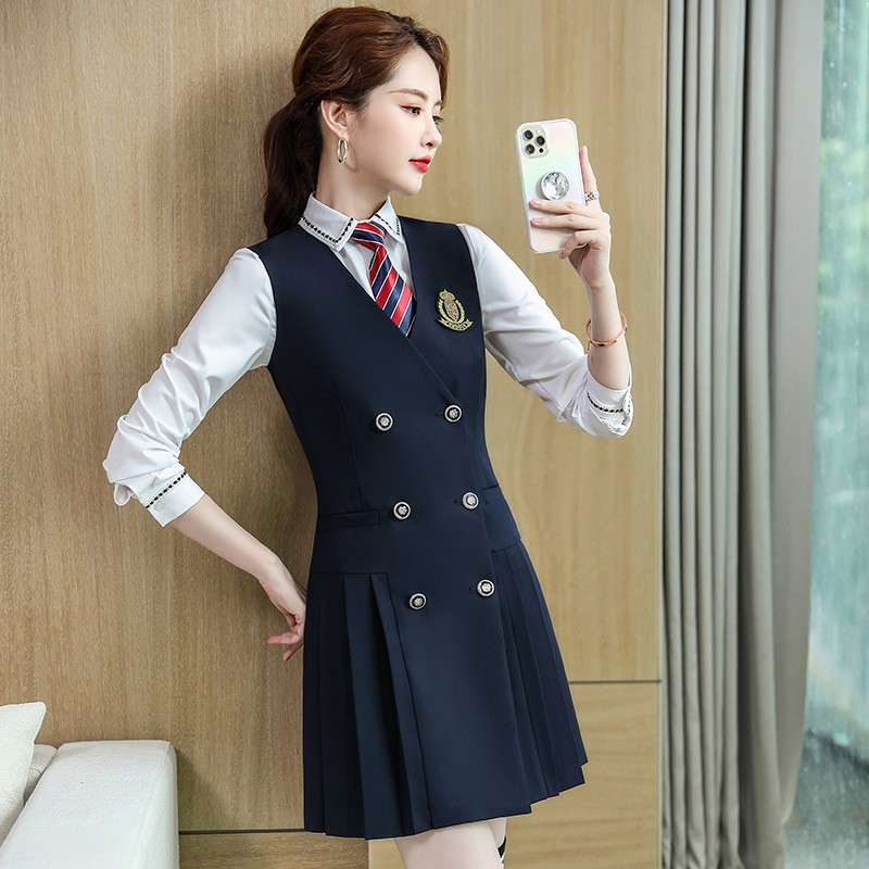 幼儿园老师园服工作服幼师职业装jk制服女士衬衫连衣裙教师两件套