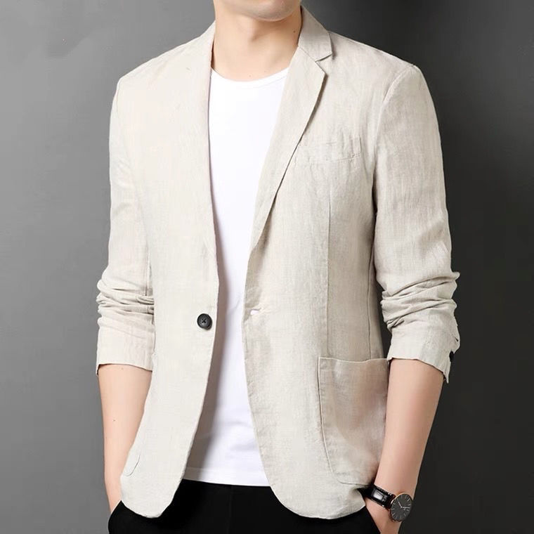 亚麻西服套装男士夏季薄款棉麻两件套春秋宽松麻料休闲小西装男装