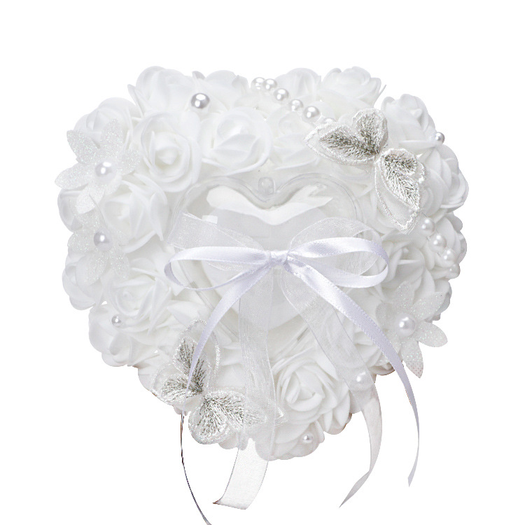 Western Wedding Pearl Ring Pillow Pe Foam Rose Ring Setting Wedding Cake Ring Box Bridal Heart-Shaped Ring Pillow