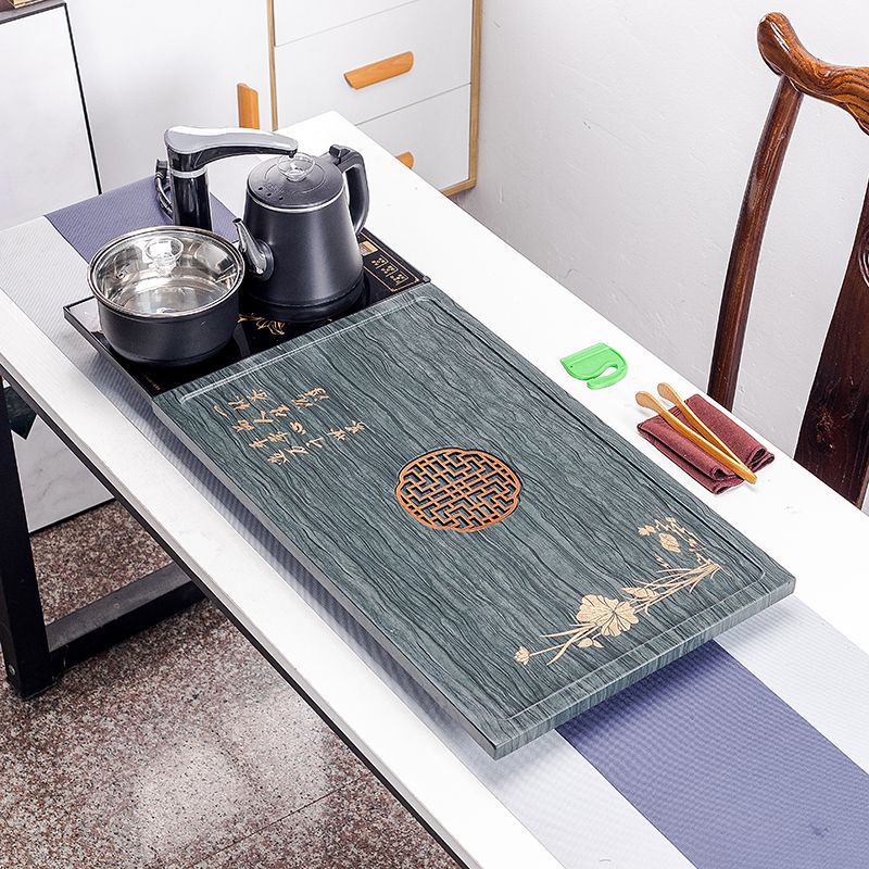 新款绿纹石茶盘高档玉石茶盘一体茶具全套套装家用乌金自动烧水壶