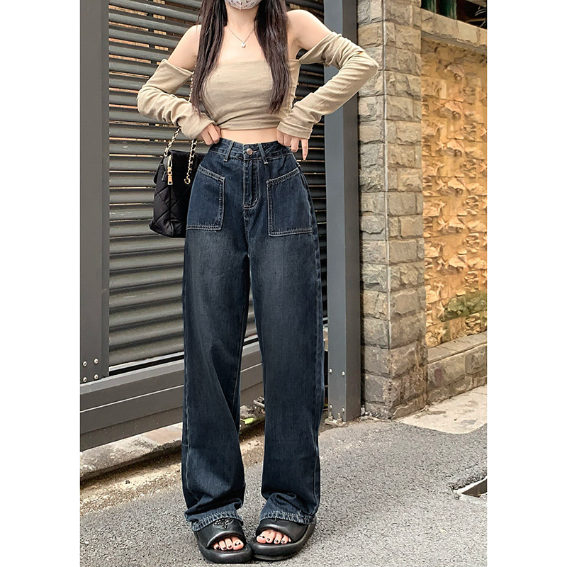   Retro High Waist Slimming Jeans Women's Autumn and Winter New European and American Straight-eg Pants Wide eg Mop Pants High Street Vibe Pants