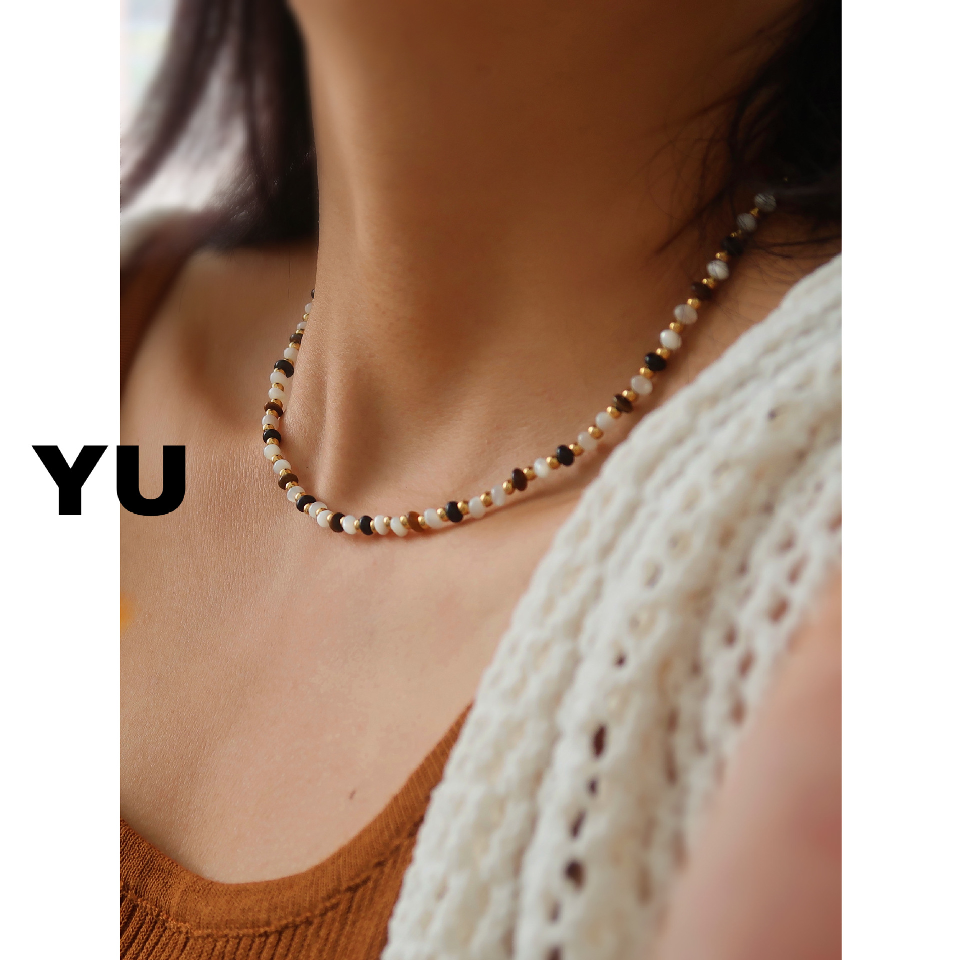 Heyu Ornament Natural Stone Crystal Black and White, Colored Beaded Necklace Bracelet Titanium Steel Tigereye Black Agate Clavicle Chain