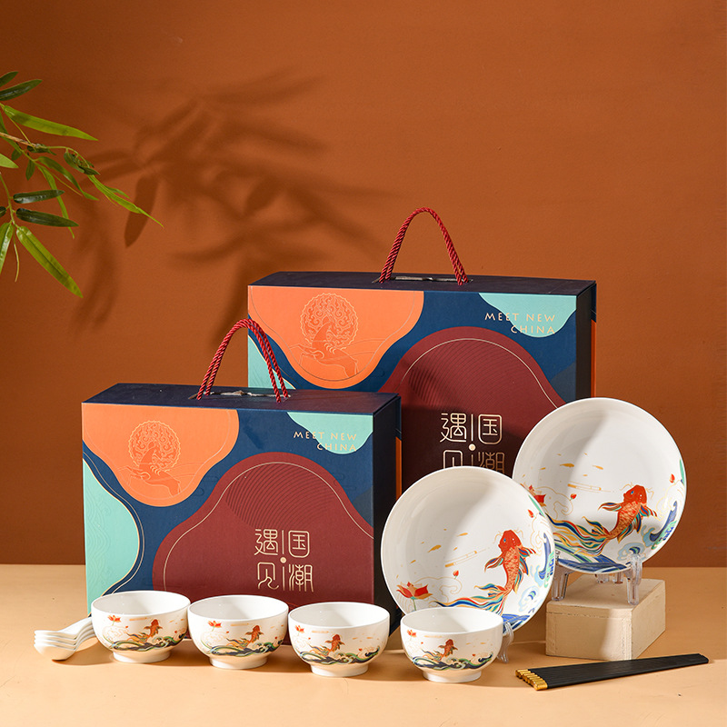 National Fashion Ceramic Tableware Dishware Set Fish Yue Longmen Bone China Bowl and Chopsticks Gift Box for Opening Ceremony