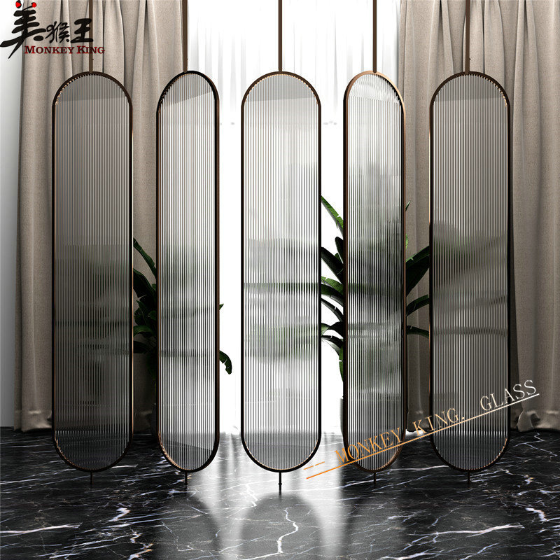 艺术长彩虹夹丝玻璃不锈钢旋转屏风隔断客餐厅彩色渐变压花钢化玻