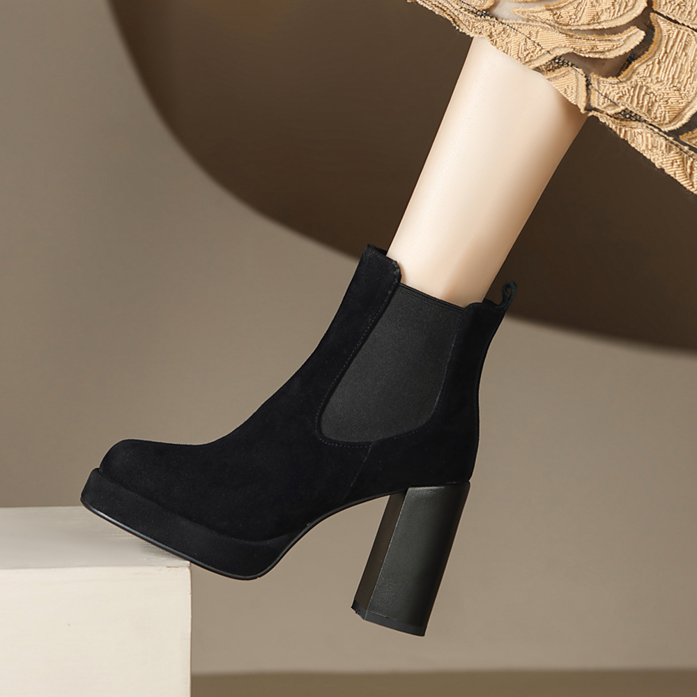 厚底粗跟短靴女高跟靴秋冬新款女靴简约通勤侧拉链皮靴时装靴代发