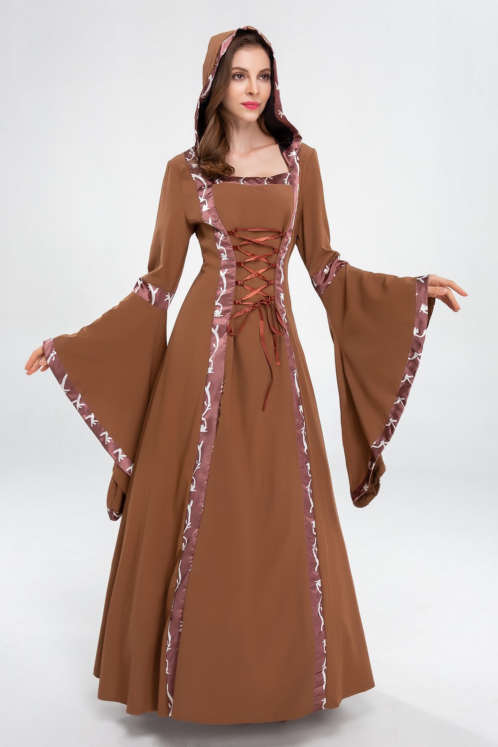 外贸欧美中世纪复古连帽连衣裙方领系带喇叭袖大摆裙舞台剧表演服