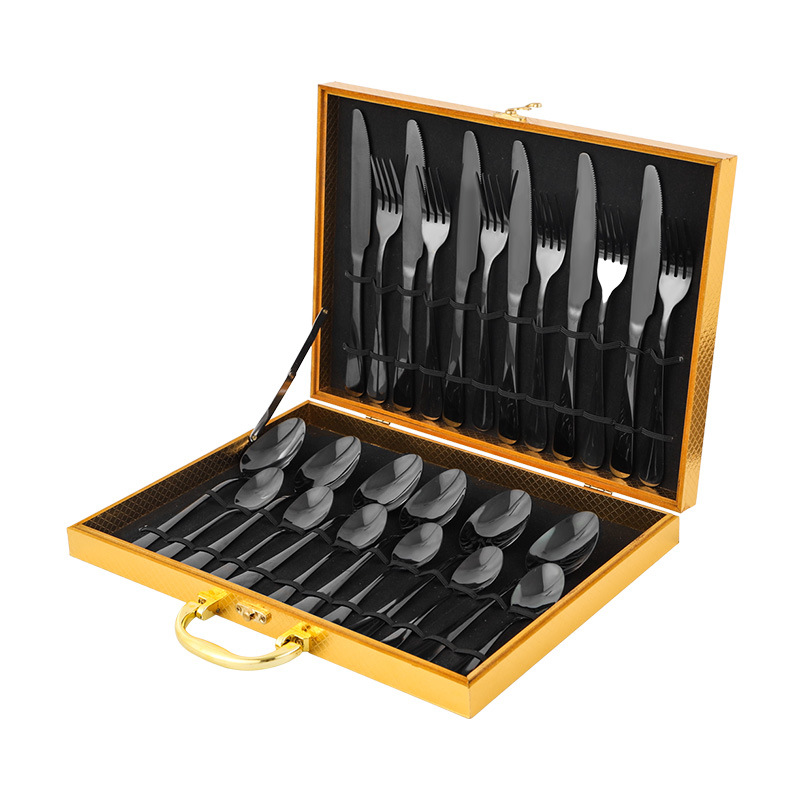 Amazon Hot 1010 Stainless Steel Tableware 24-Piece Set Wooden Box Western Tableware Knife, Fork and Spoon Four Main Pieces Cross-Border Set