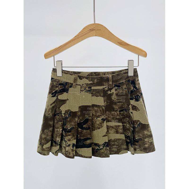 百褶裙女春季新款高腰迷彩短裙a字半身裙女装-阿里巴巴