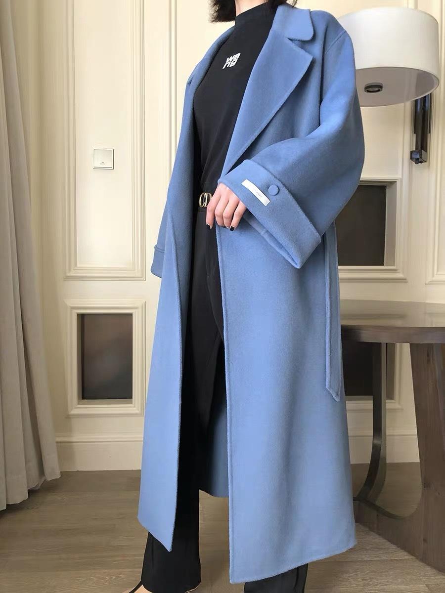 雾霾蓝双面羊绒大衣女长款2021年新款秋冬新韩版宽松休闲毛呢外套