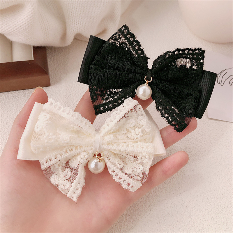 小香风蕾丝蝴蝶结发夹少女百搭珍珠蝴蝶结刘海夹侧边碎发头饰发卡