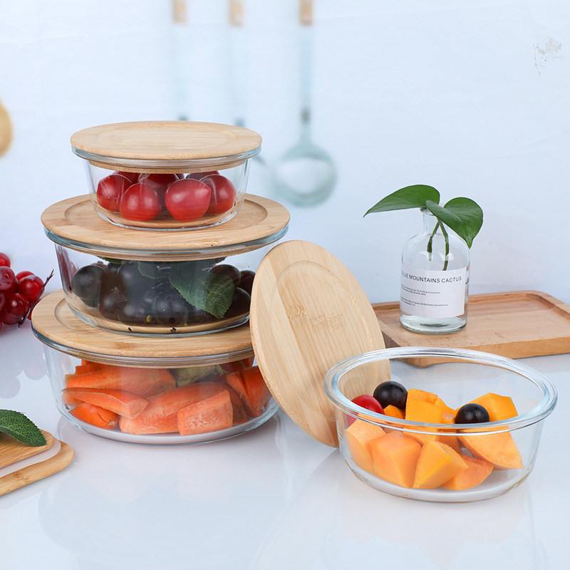 Wholesale Bamboo Wood Cover Glass Lunch Box Crisper Heat-Resistant Glass Borosilicate Japanese Lunch Box Microwave Oven