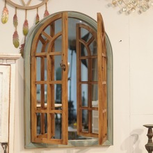 复古实木拱形蓝木色对开假窗壁挂家居软装相片墙饰花园装饰假窗镜