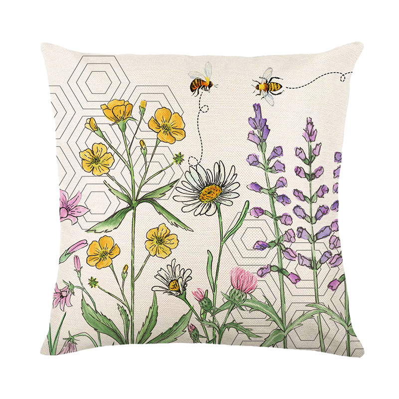 Amazon Cross-Border Bee Daily Holding Printing Pillow Plant Flower Cushion Cover Living Room Sofa Home Ornament Pillow