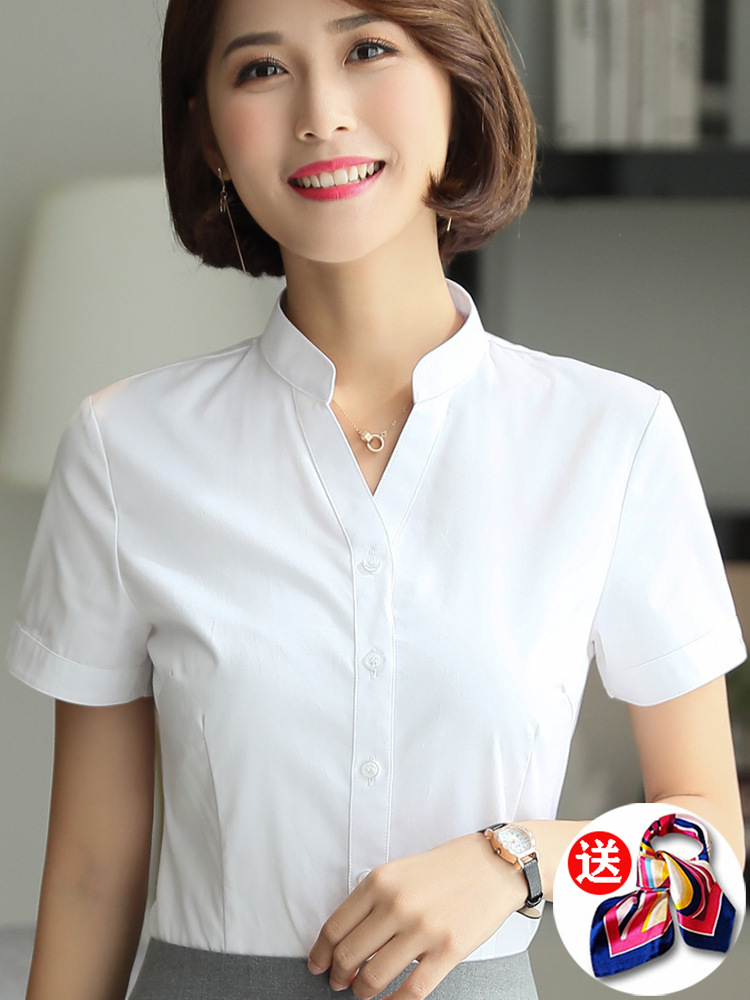 v领免烫短袖衬衫女夏季售楼工装长袖韩版寸衫立领工服白色ol衬衣