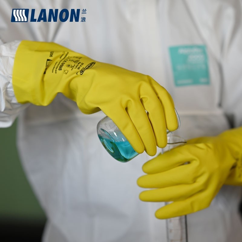 兰浪lanon sr206 天然橡胶耐酸碱手套乳胶防水防滑工业实验室