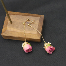 天然珍珠耳钉高级感小众玫红蔷薇吊坠耳环设计感复古耳饰高质量批