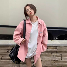 粉色韩版宽松棉衬衫中长款女上衣秋季新款设计感休闲长袖衬衣外套