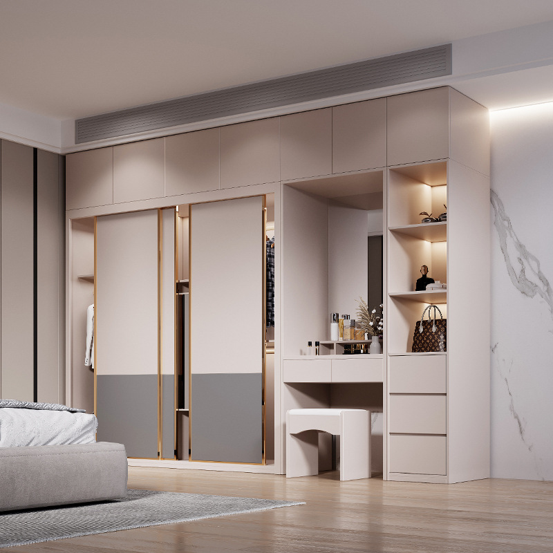 衣柜简约现代推拉门卧室电脑桌梳妆台转角柜一体免安装移滑门衣橱