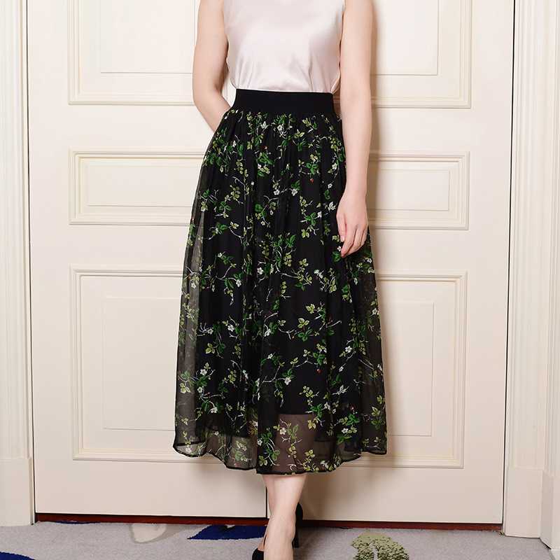 女装2021夏季新品印花桑蚕丝半身裙薄款丝绸半裙a字松紧腰裙仙裙