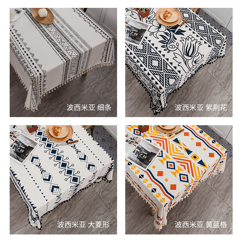 Bohemian Tablecloth Cotton Linen Disposable Fabric Ethnic Rectangular Tassel Meal B & B Tablecloth Waterproof Oil-Proof 