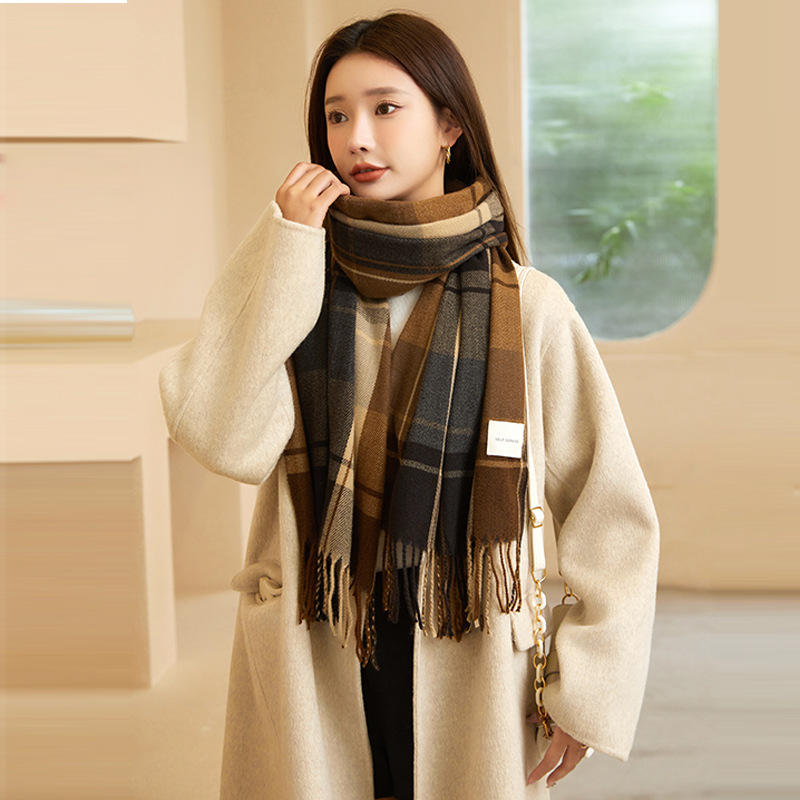 2023 New Scarf Women's Autumn and Winter Korean Style Versatile Lattice Thickened Student Couple Scarf Women's Cashmere-like Warm