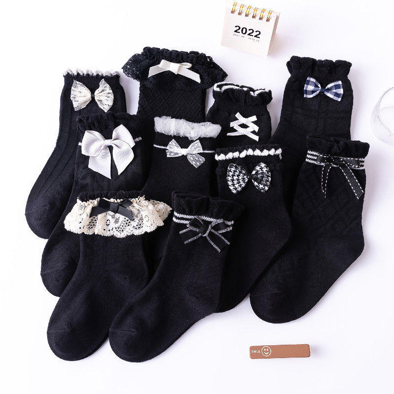 黑色袜子女童蕾丝花边蝴蝶结韩版中筒袜春秋jk学生袜夏季薄款潮袜