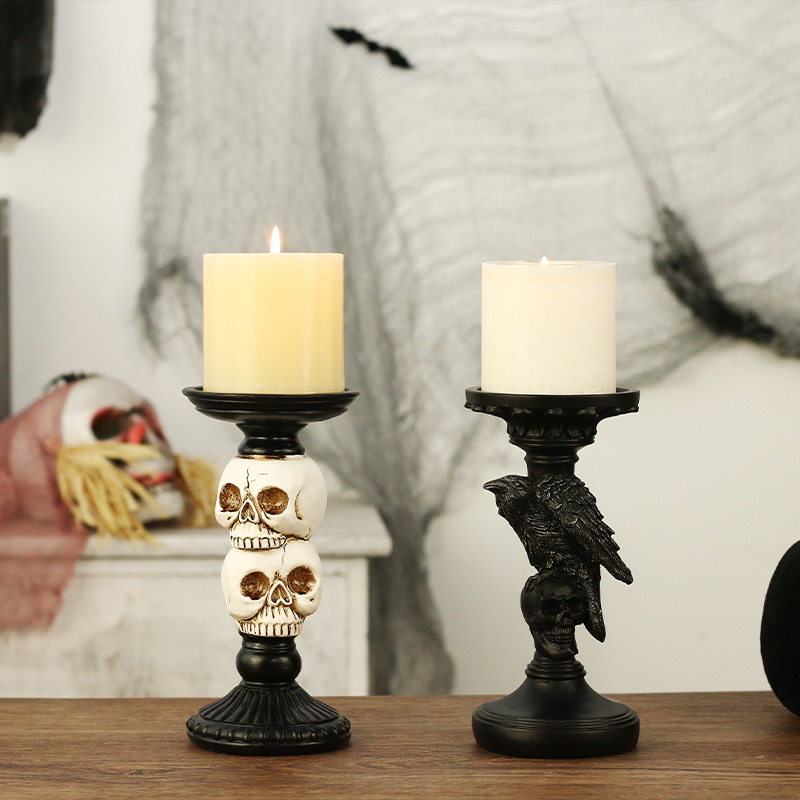 Cross-Border New Halloween Decorations Horror Skull Crow Resin Candlestick Home Haunted House Party Ornaments