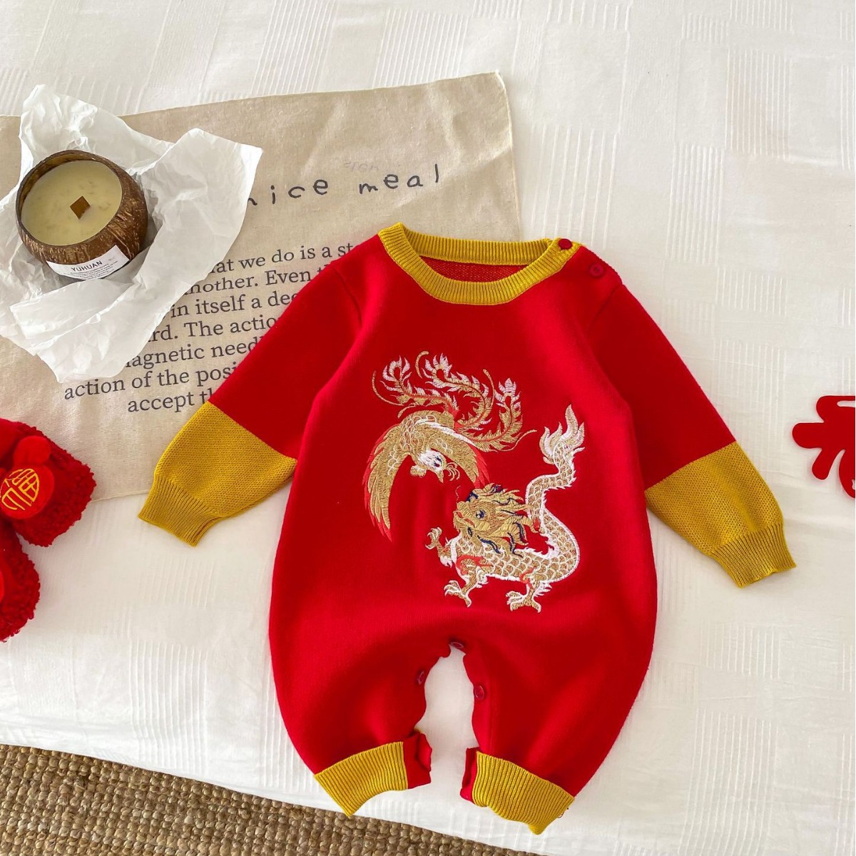跨境宝宝连体衣毛衣周岁礼红色抓周衣服中国风婴儿针织衫哈衣龙年