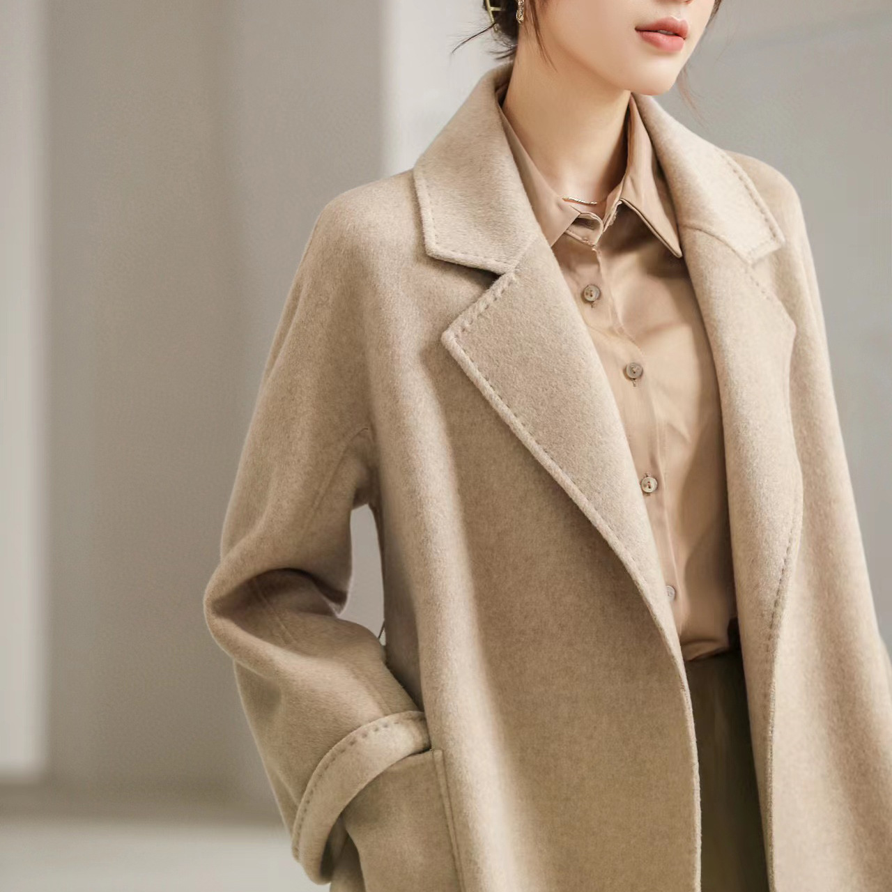 2023春季m家max中长款女式双面羊绒大衣纯山羊绒外套高端轻奢mara