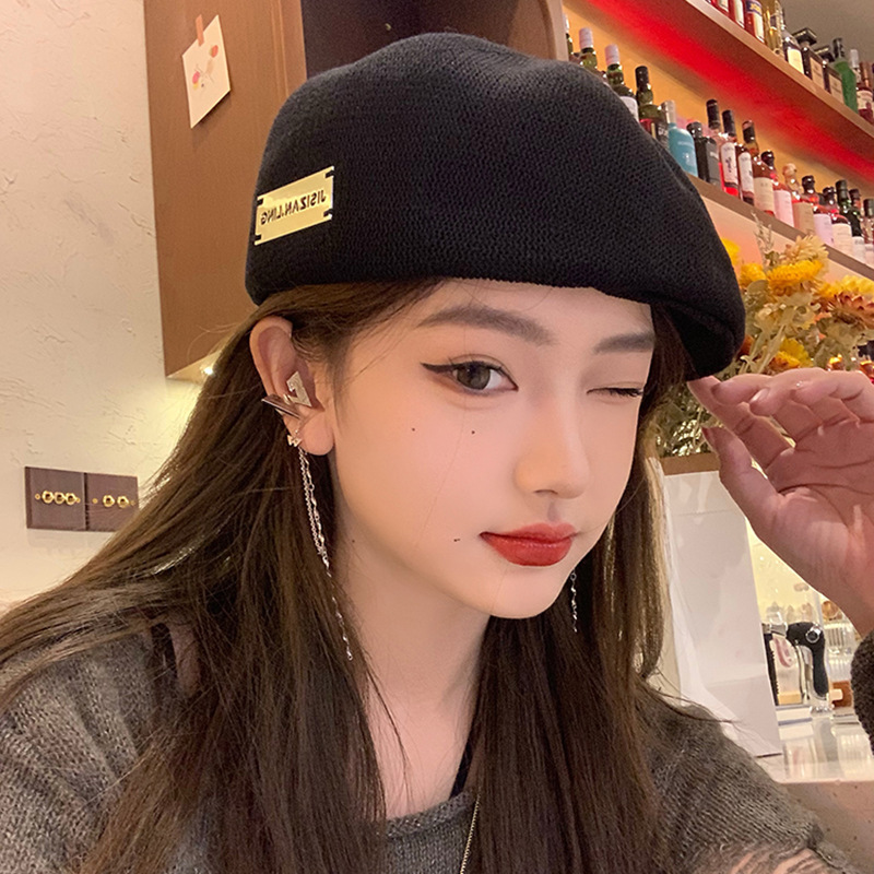 帽子女ins金属标棉麻贝雷帽女春季蓓蕾帽画家帽反戴前进帽显脸小