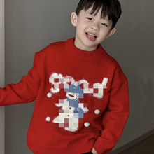 23冬新款中小童男童韩国童装新年立体雪球植绒雪人年服红色毛衣
